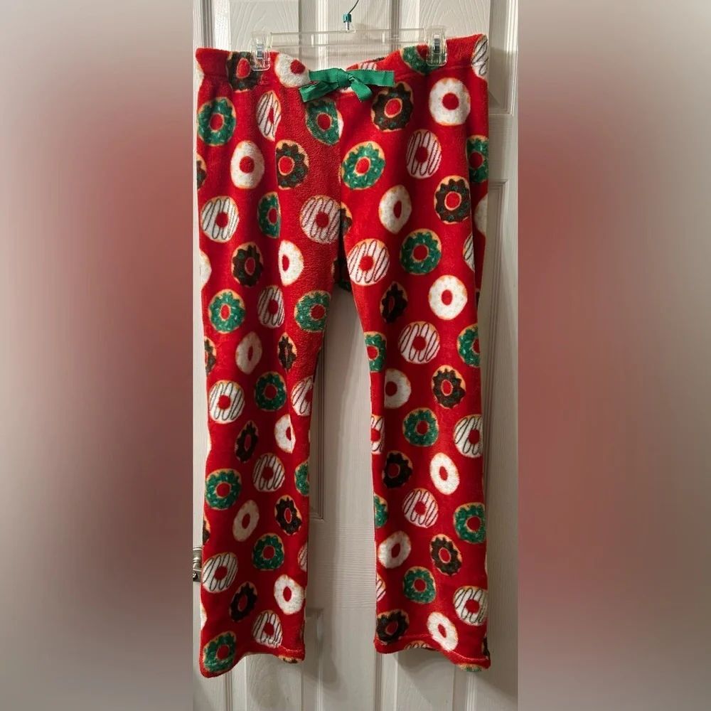 Festive Red Christmas Pajama Pants with donut designs